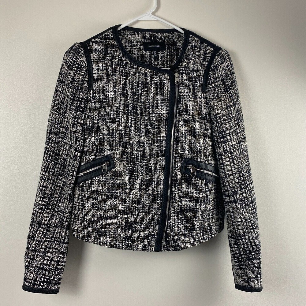Karen Millen Fun Tweed Moto Jacket Blazer Black White Zip Leather trim US Size 6